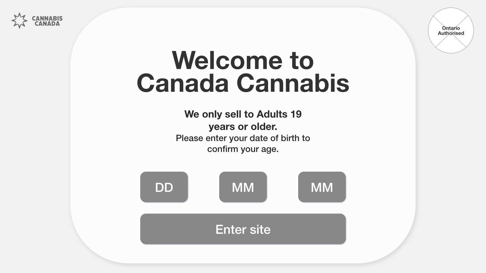 Cannabis Canada Entry page, age entry verification page